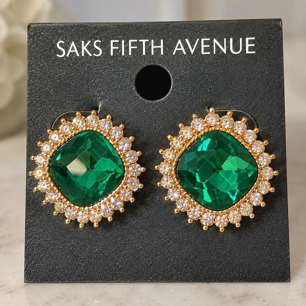 Saks fifth Avenue gold green statement stud earrings formal cute gift